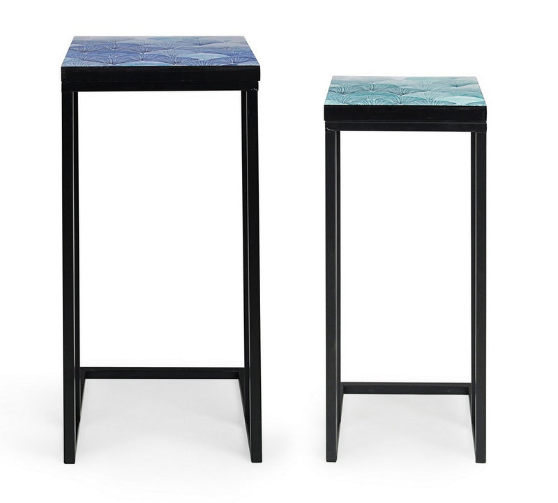 Set da 2 Tavolino alzatina in metallo colore nero piano in legno decorato