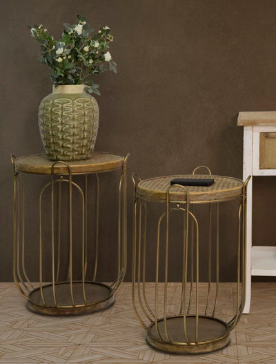 tavolino contenitore in metallo colore rame piano in legno e rattan