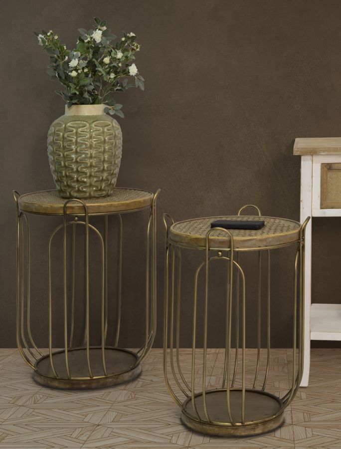 tavolino contenitore in metallo colore rame piano in legno e rattan