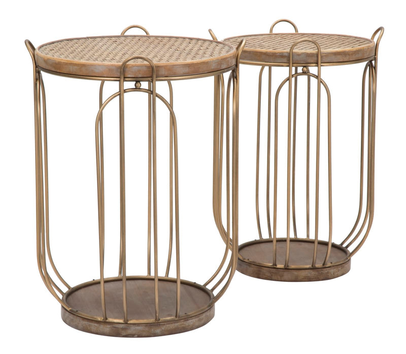 tavolino contenitore in metallo colore rame piano in legno e rattan