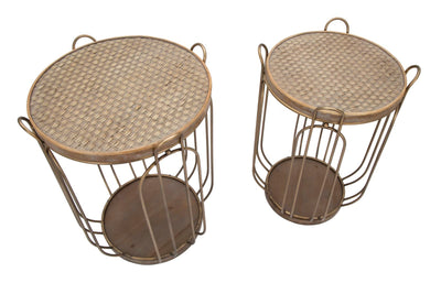 tavolino contenitore in metallo colore rame piano in legno e rattan