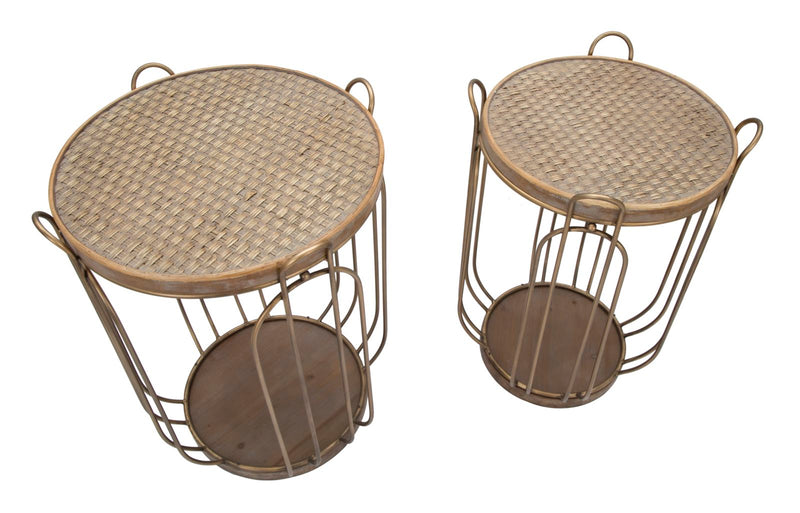 tavolino contenitore in metallo colore rame piano in legno e rattan