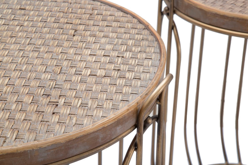 tavolino contenitore in metallo colore rame piano in legno e rattan