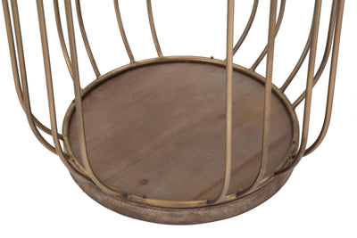 tavolino contenitore in metallo colore rame piano in legno e rattan