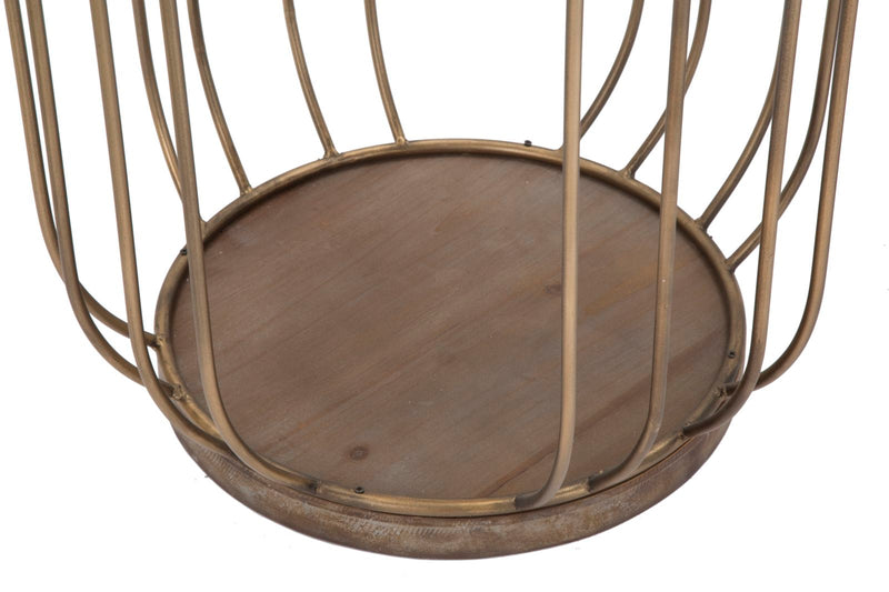 tavolino contenitore in metallo colore rame piano in legno e rattan