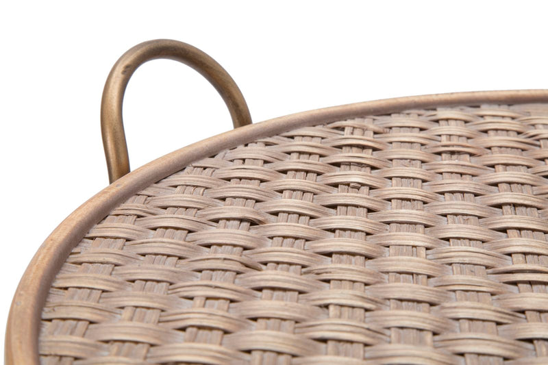 tavolino contenitore in metallo colore rame piano in legno e rattan