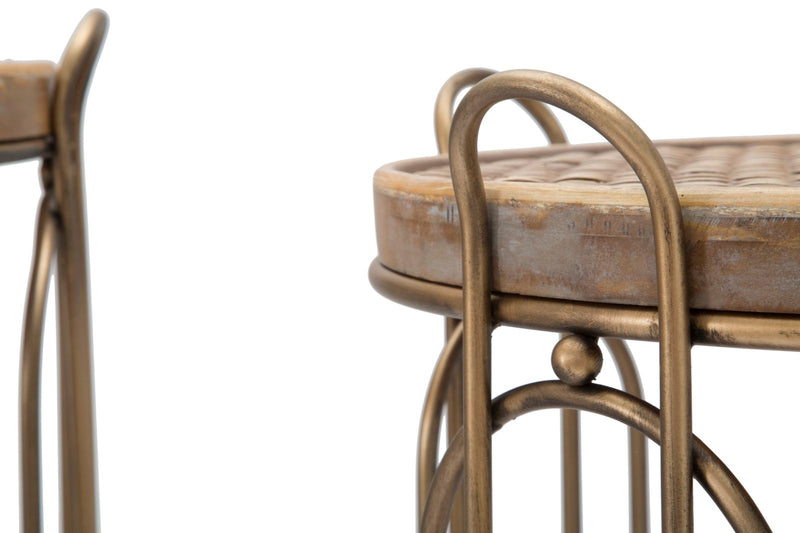 tavolino contenitore in metallo colore rame piano in legno e rattan