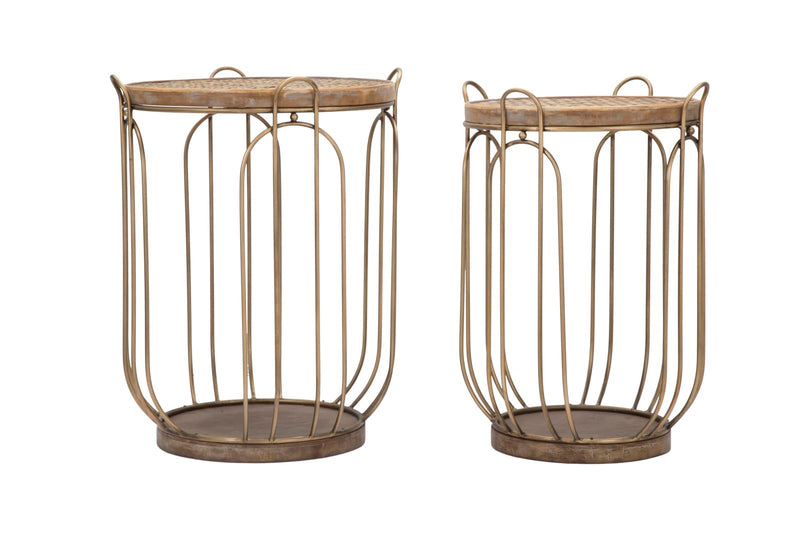 tavolino contenitore in metallo colore rame piano in legno e rattan