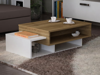Tavolino basso in stile moderno con struttura in legno bicolore: bianco opaco e finitura noce chiaro opaco. 3 vani a giorno