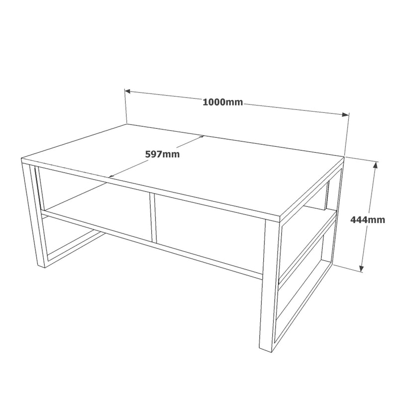 Tavolino da salotto design 2 vani a giorno ripiano in legno effetto pietra cm 100x60x44h