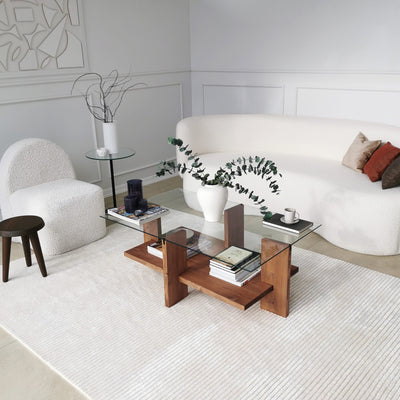 Tavolino design a 2 piani in legno massello e vetro temperato trasparente cm 105x60x40h