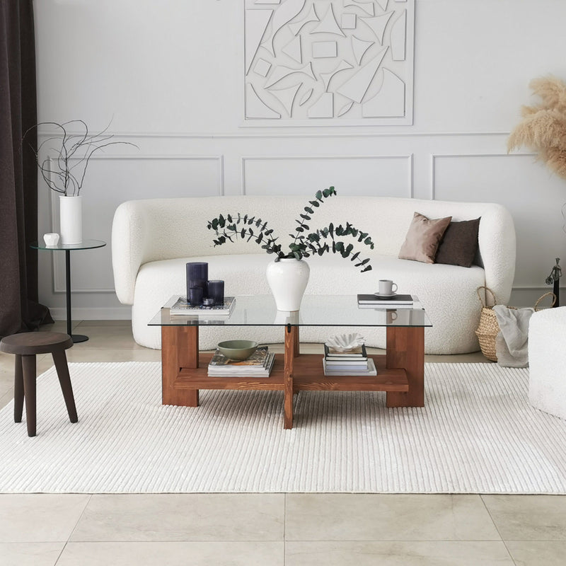 Tavolino design a 2 piani in legno massello e vetro temperato trasparente cm 105x60x40h