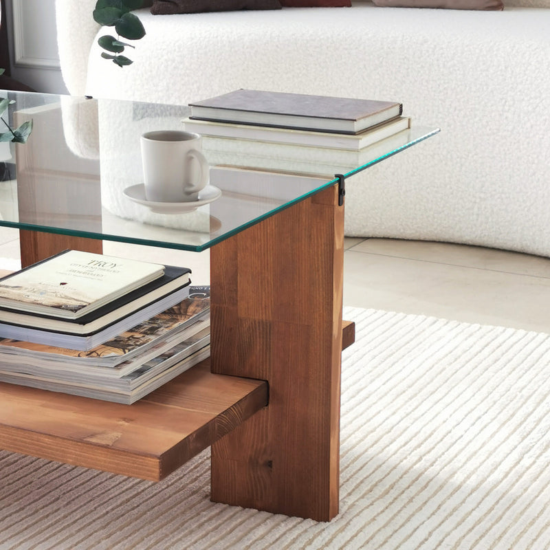 Tavolino design a 2 piani in legno massello e vetro temperato trasparente cm 105x60x40h
