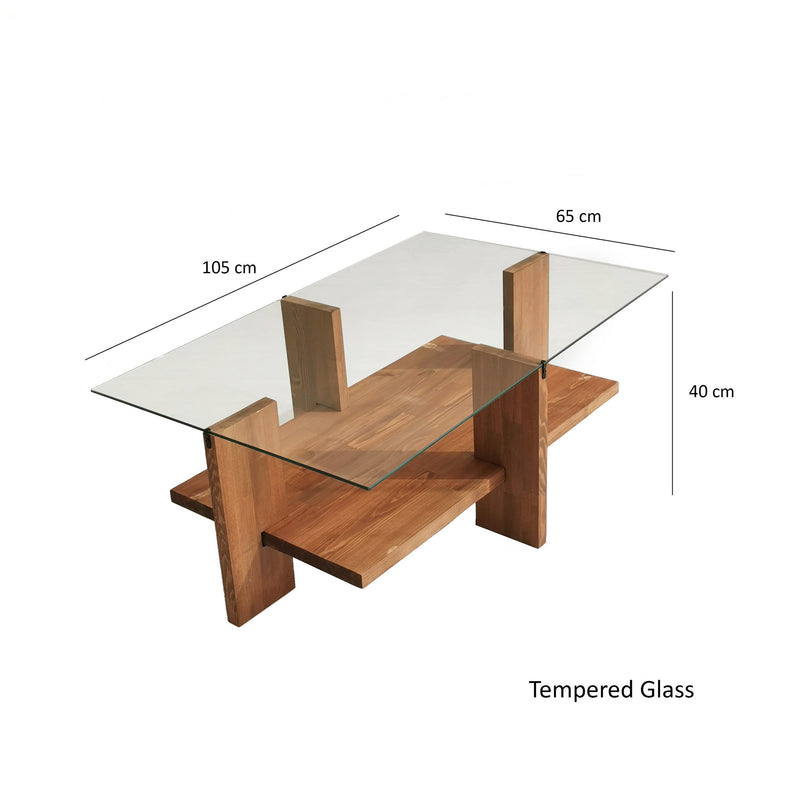 Tavolino design a 2 piani in legno massello e vetro temperato trasparente cm 105x60x40h