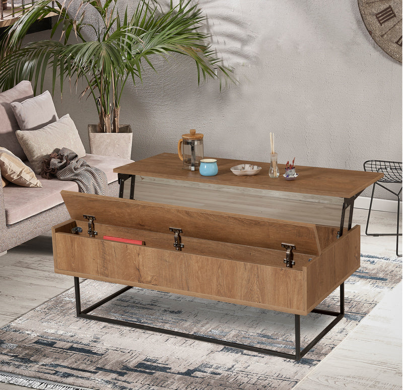 Tavolino industrial apribile in legno e metallo trasformabile design cm 120x60/92x43/58h