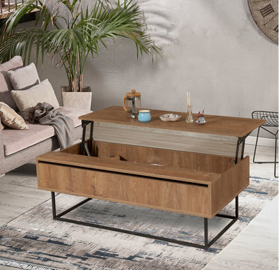 Tavolino basso da salotto in stile industriale in legno e metallo apribile con ripiano rialzato e cassetto ad anta, più scomparto interno. Colori: pino atlantico scuro opaco dai toni caldi e nero opaco