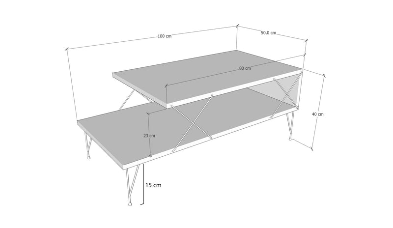 Tavolino da salotto industrial con gambe in metallo design 2 ripiani cm 100x50x40h