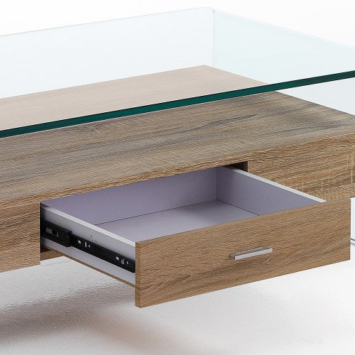 Tavolino basso da salotto in vetro curvato trasparente con cassetto in legno cm 110x55x35h