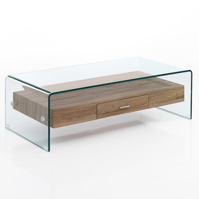 Tavolino basso da salotto in vetro curvato trasparente con cassetto in legno cm 110x55x35h