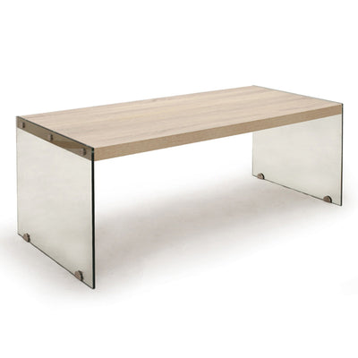 Tavolino moderno basso da salotto con piano in legno e gambe in vetro cm 110x55x43h
