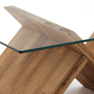 Tavolino basso da salotto con base in legno massello e piano in vetro trasparente cm 120x70x42h