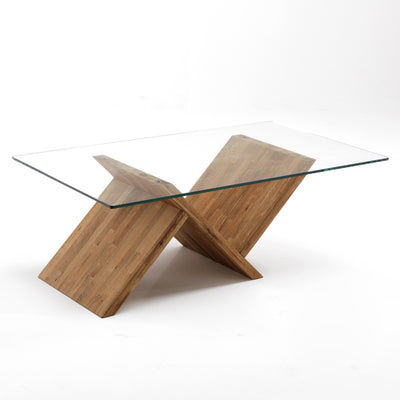 Tavolino basso da salotto con base in legno massello e piano in vetro trasparente cm 120x70x42h