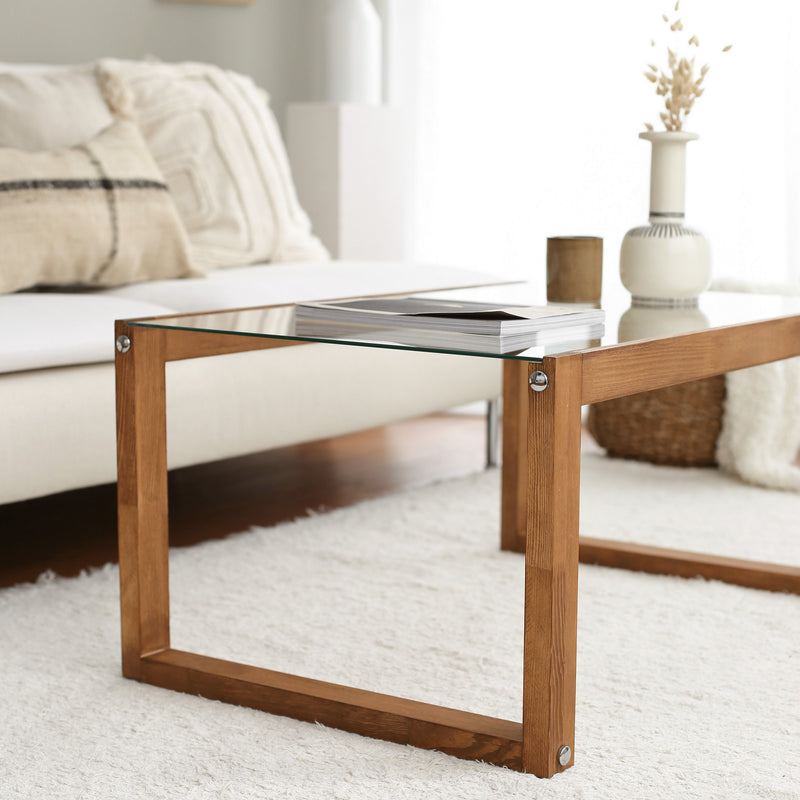 Tavolino basso design con gambe in massello e ripiano in vetro cm 85x55x40h - vari colori
