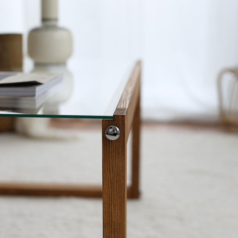 Tavolino basso design con gambe in massello e ripiano in vetro cm 85x55x40h - vari colori