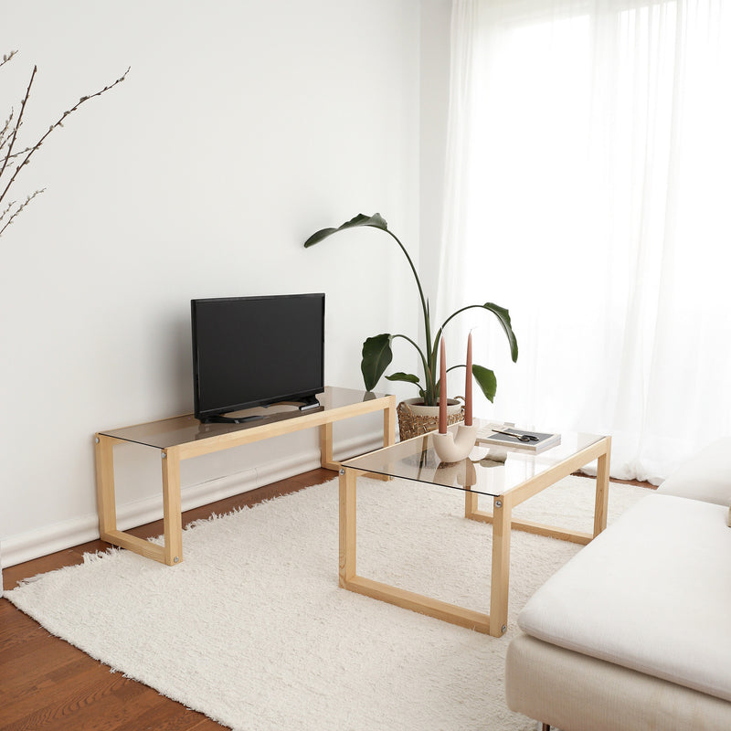 Tavolino basso design con gambe in massello e ripiano in vetro cm 85x55x40h - vari colori