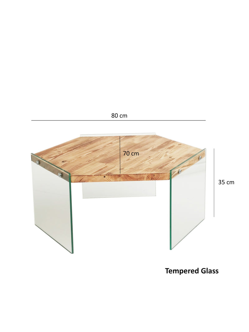 Tavolino design esagonale con ripiano in massello e gambe in vetro cm 80x70x35h