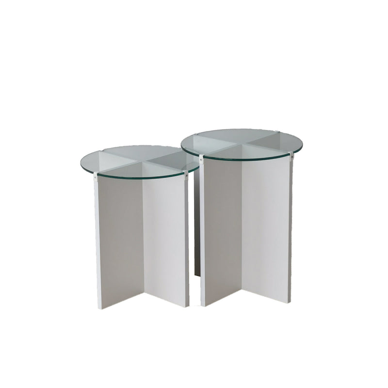 Tavolini verticali design sovrapponibile 2 pezzi ripiani in vetro gambe a croce - vari colori