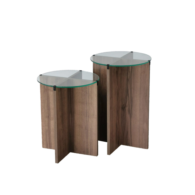 Tavolini verticali design sovrapponibile 2 pezzi ripiani in vetro gambe a croce - vari colori