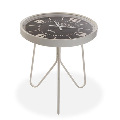 Tavolino basso da salotto in metallo bianco piano in vetro con orologio cm 67x67x77h
