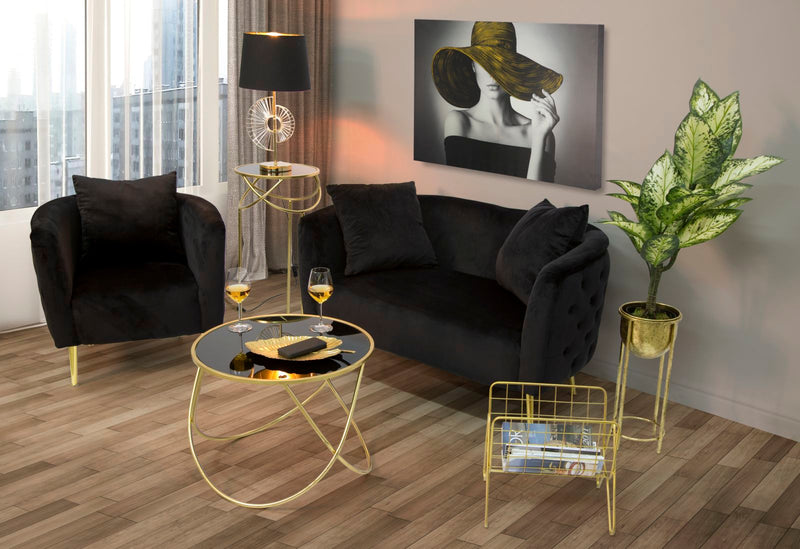 Tavolinetto da salotto basso tondo base in metallo dorato piano in vetro nero cm Ø 58x43h