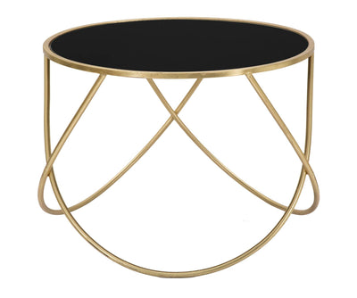 Tavolinetto da salotto basso tondo base in metallo dorato piano in vetro nero cm Ø 58x43h