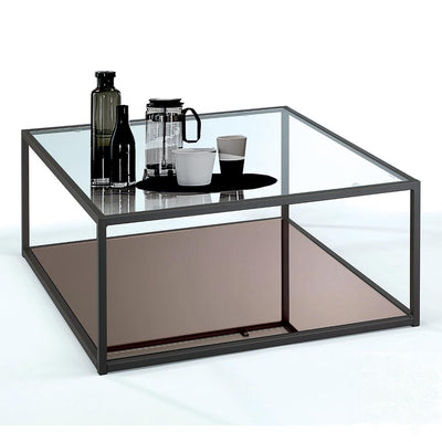 Tavolino basso da salotto in acciaio top in vetro trasparente ripiano con specchio cm 80x80x35h