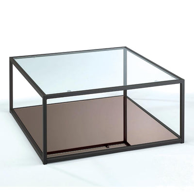 Tavolino basso da salotto in acciaio top in vetro trasparente ripiano con specchio cm 80x80x35h