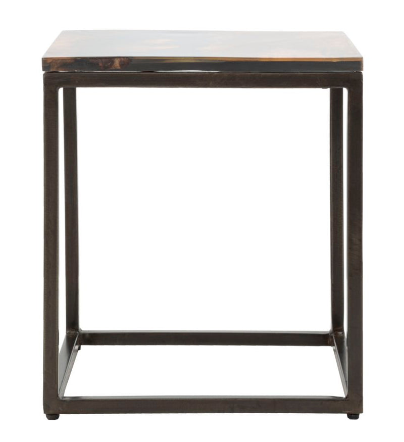 Tavolino cubo basso in legno di acacia base in metallo nero cm 40x40x45h