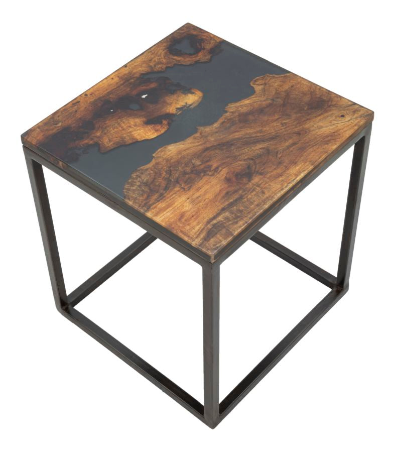 Tavolino cubo basso in legno di acacia base in metallo nero cm 40x40x45h