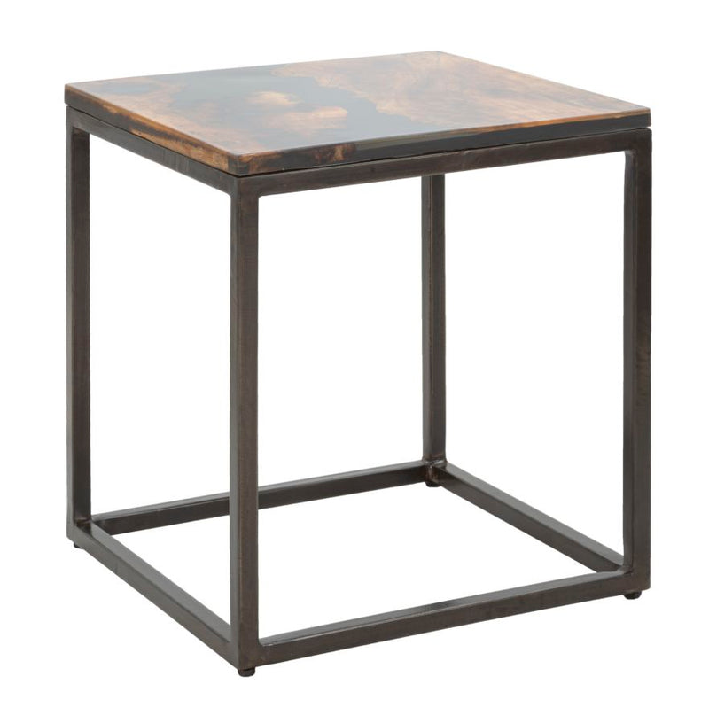 tavolino cubo basso base in metallo nero piano in legno di acacia