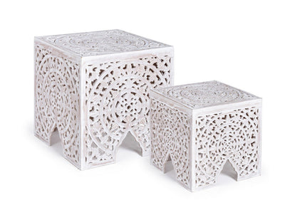 Set 2 Tavolino quadrato basso da salotto in legno di mango stile etnico