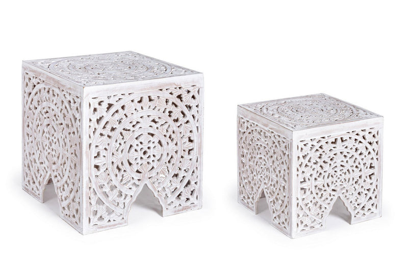 Set 2 Tavolino quadrato basso da salotto in legno di mango stile etnico