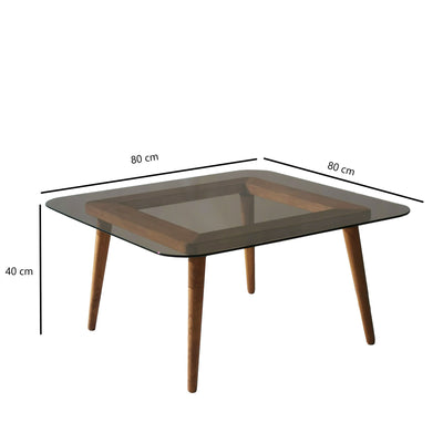 Tavolino basso in vetro fumé bronze e legno massello design quadrato cm 80x80x40h