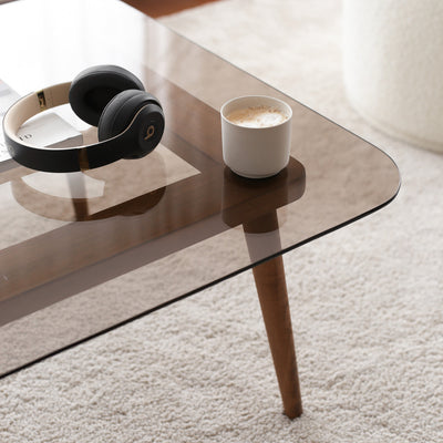 Tavolino basso in vetro fumé bronze e legno massello design quadrato cm 80x80x40h