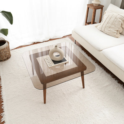 Tavolino basso in vetro fumé bronze e legno massello design quadrato cm 80x80x40h