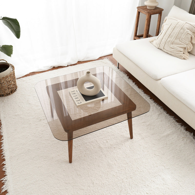 Tavolino basso in vetro fumé bronze e legno massello design quadrato cm 80x80x40h