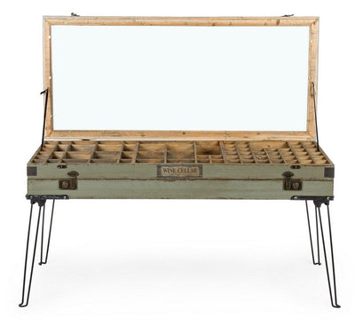 Tavolo espositore in metallo e legno con piano in vetro stile industrial vintage cm 128x61x60h