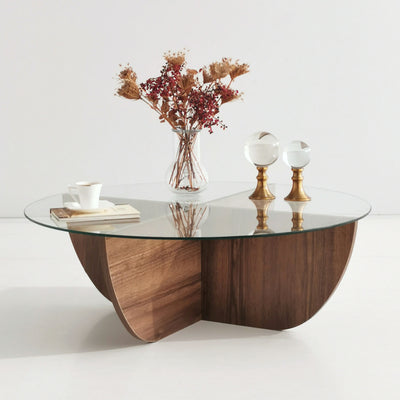 Tavolino basso rotondo da salotto stile moderno con ripiano in vetro temperato. Disponibile in noce opaco e bianco opaco