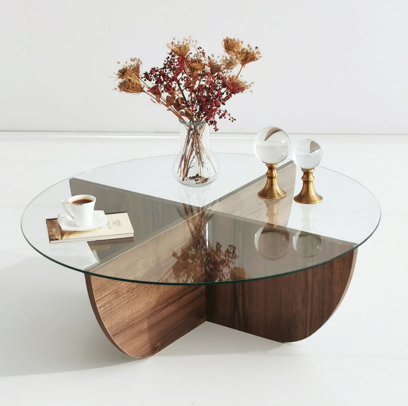 Tavolino da caffè moderno rotondo con ripiano in vetro cm 90x90x30h -  vari colori