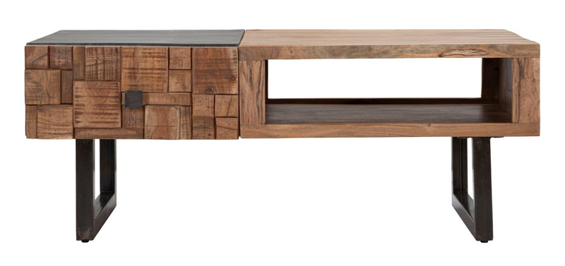 tavolino basso in legno di acacia e metallo stile industrial